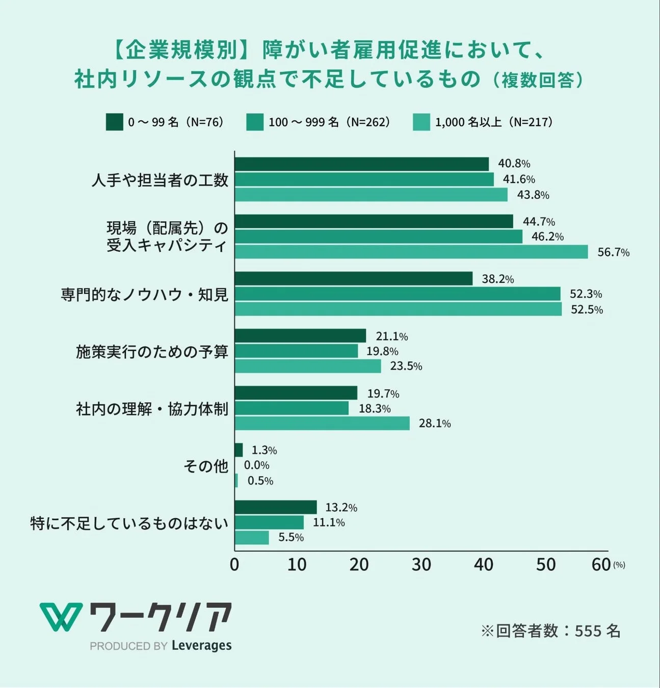 【企業規模別】障がい者雇用促進において、社内リソースの観点で不足しているもの（複数回答）
