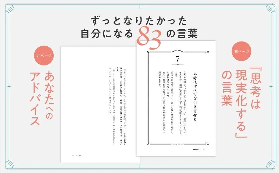 ずっとなりたかった自分になる83の言葉 左ページ あなたへのアドバイス どんなマインドセットであった、その考え方や行動を続けていれば、それに共鳴する人や環境、ふさわしい状況が、「磁石」に引き寄せられるように集まってくるものです。 あなたに心からの創造があるなら、その思いが「実現のために明確な計画を立てる」モチベーションをなんなくくれることでしょう。 2 01-02 右ページ 「思考は現実化する」の言葉 7 思考はすべてを引き寄せる 私たちの脳は、いつも心に抱く思考という「磁石」によって、その思考と親和性の高い力や人脈、環境を引き寄せている。 (中略) 偉大な富を築くには、まず、富への強い意欲で脳を活性化しなければならない。(中略) 富への意識を高めれば、その強い意欲が具体的な計画への原動力となる。 Chapter 1 19
