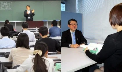 大学の講義風景と、オフィスでのビジネス面談の様子が並列に描かれた画像です。