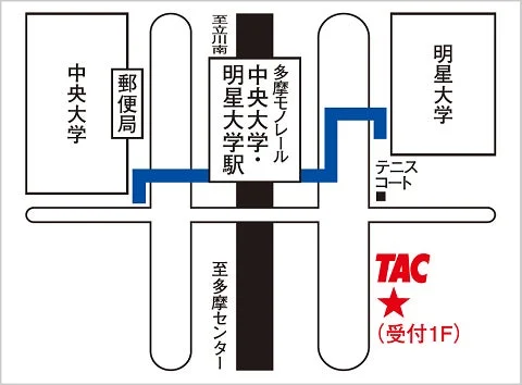 中央大学・明星大学駅からTACへの道順を示す地図です。