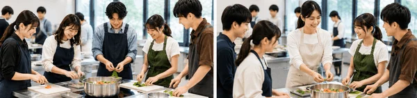 若い男女が料理教室で交流している様子