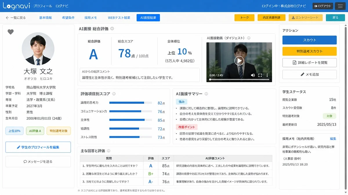Lognaviの画面イメージ（今後提供予定の機能を含みます）：企業から見た各学生のAI面接の評価レポート