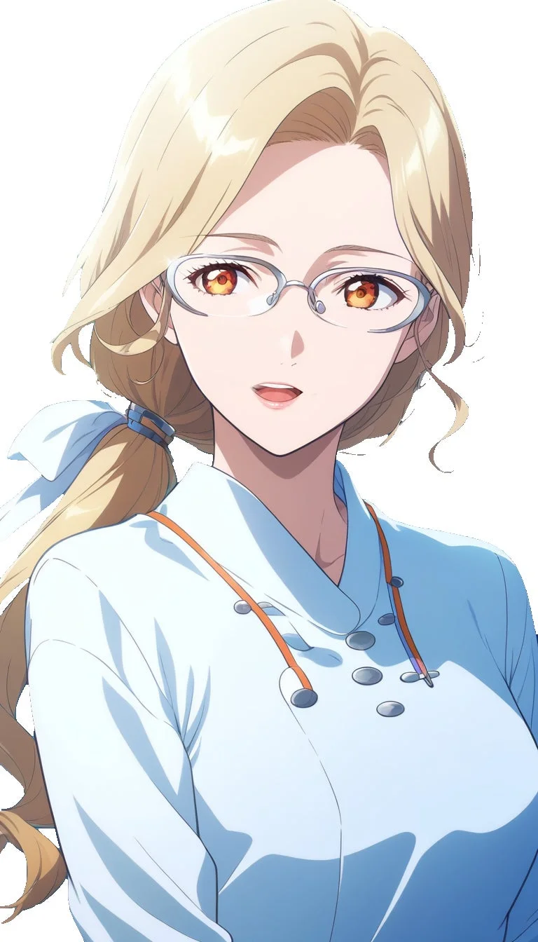 金髪に眼鏡をかけたアニメ風の女性が描かれています。白い制服を着用し、オレンジ色の瞳と優しい表情が特徴的です。髪は青いリボンでポニーテールにまとめられており、知的で親しみやすい雰囲気を醸し出しています。