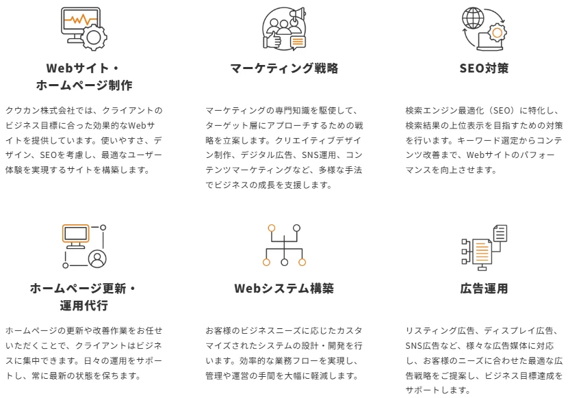 Webサイト制作、マーケティング戦略、SEO対策、ホームページ運用代行、Webシステム構築、広告運用といった、企業のデジタル戦略とビジネス成長を支援する様々なサービス