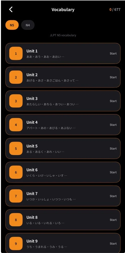JLPT N5・N4レベルの単語学習画面