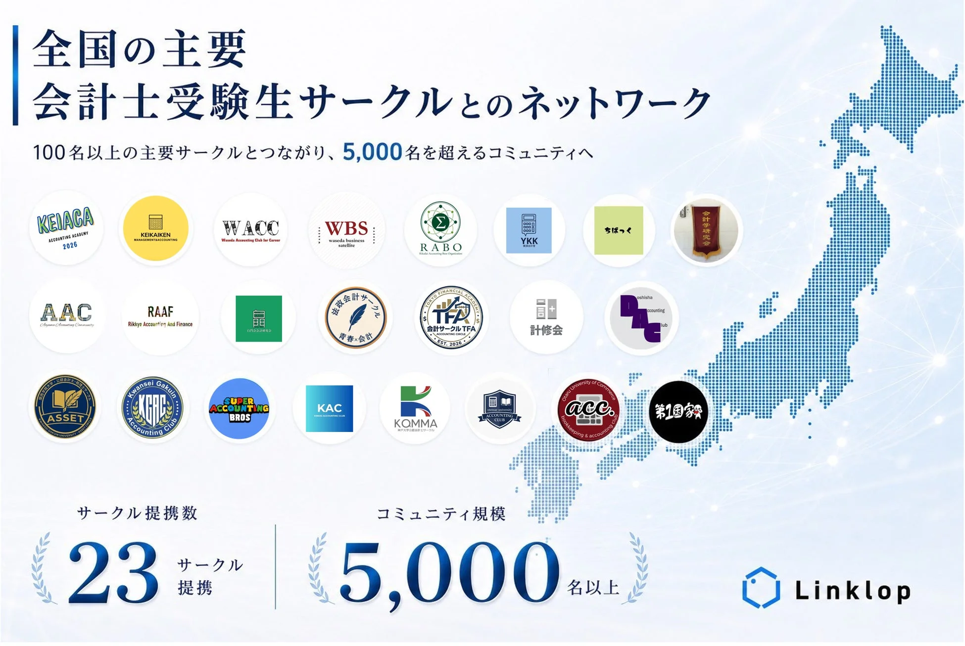 全国の主要な会計士受験生サークルとのネットワークを示す日本地図