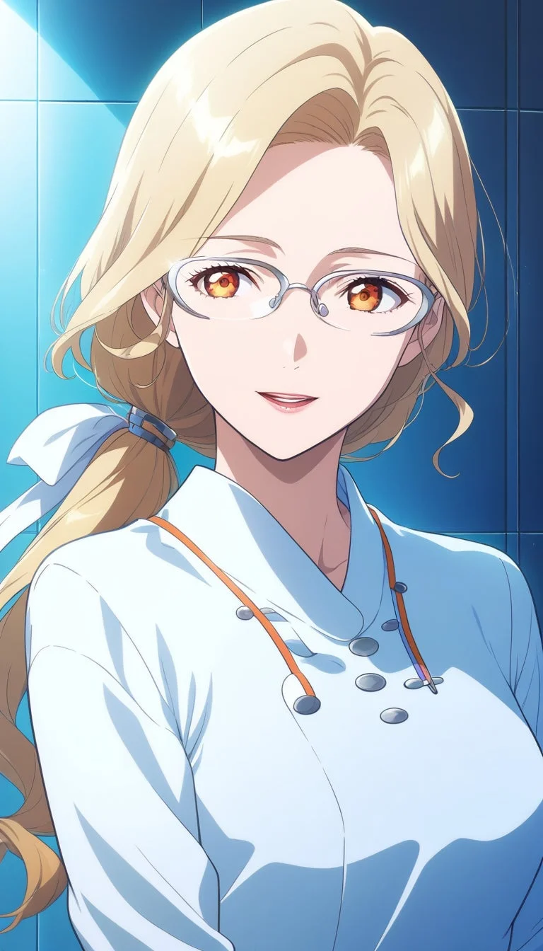 金髪のポニーテールで眼鏡をかけた女性が、白衣を着て優しく微笑んでいます。瞳はオレンジ色で、背景は青いタイル張りです。