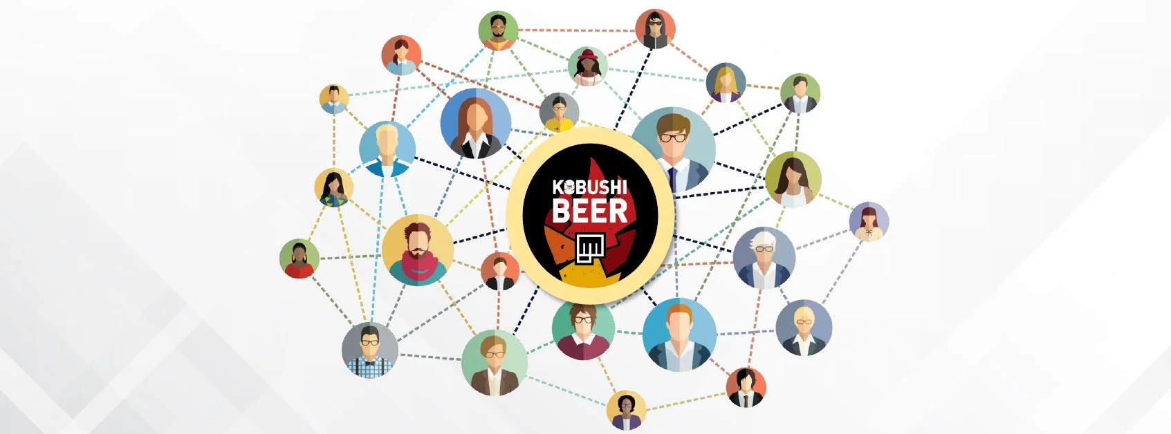 「KOBUSHI BEER」のロゴを中心に、多様な人々のアバターが点線でつながれたネットワーク図です。