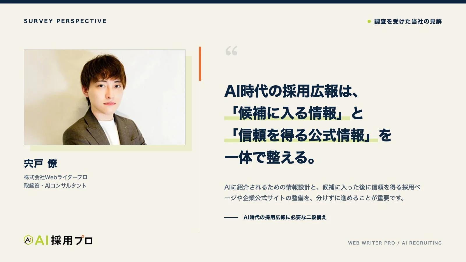 AI時代の採用広報に関するプレゼンテーション資料で、候補者を引き込む情報と信頼を得る公式情報を一体で整備する重要性を説いています。株式会社Webライタープロの取締役・AIコンサルタントである矢戸僚氏が、AIに紹介されるための情報設計と採用サイト整備の必要性を解説しています。